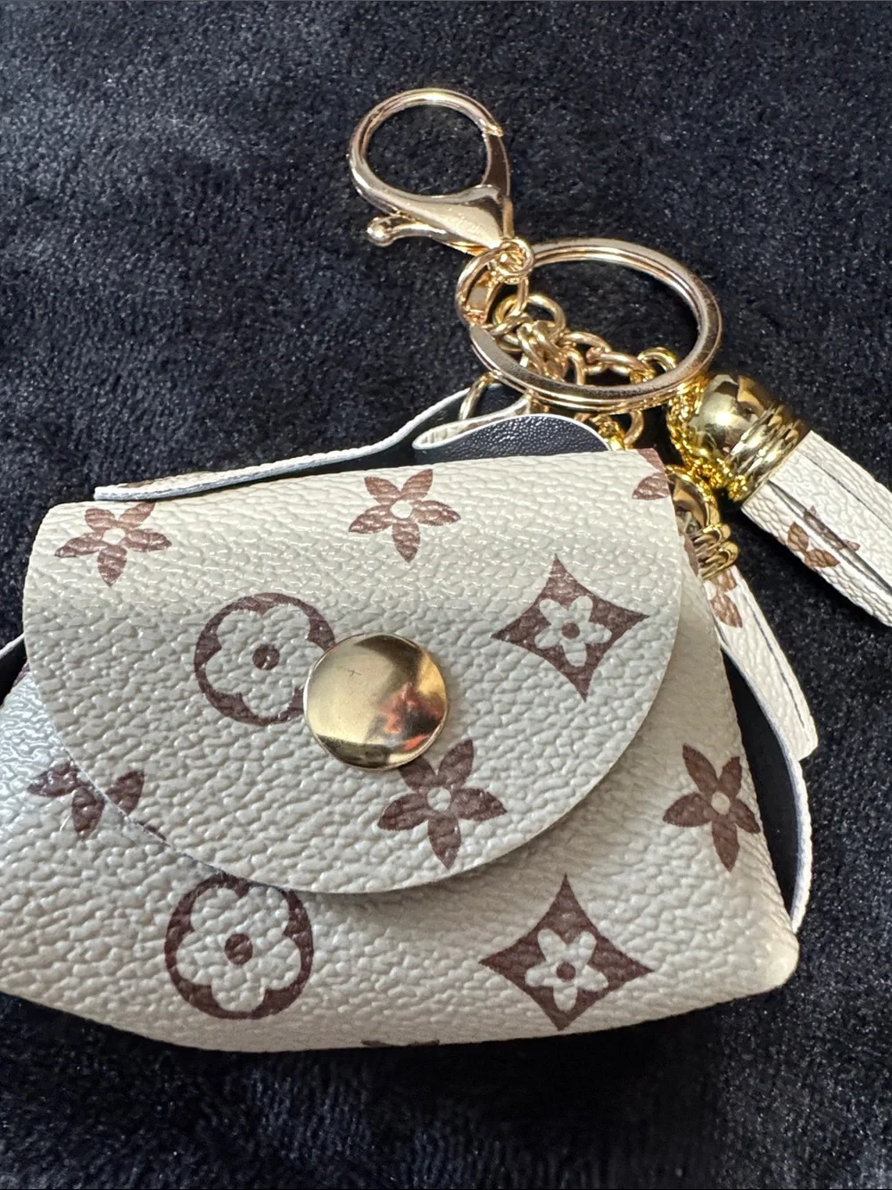 Source Unknown Cream & Brown Monogram Mini Wallet Key Holder with Gold Hardware